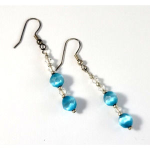 Blue Faceted Cateye Swarovski Bead and Crystal Dangle Earrings